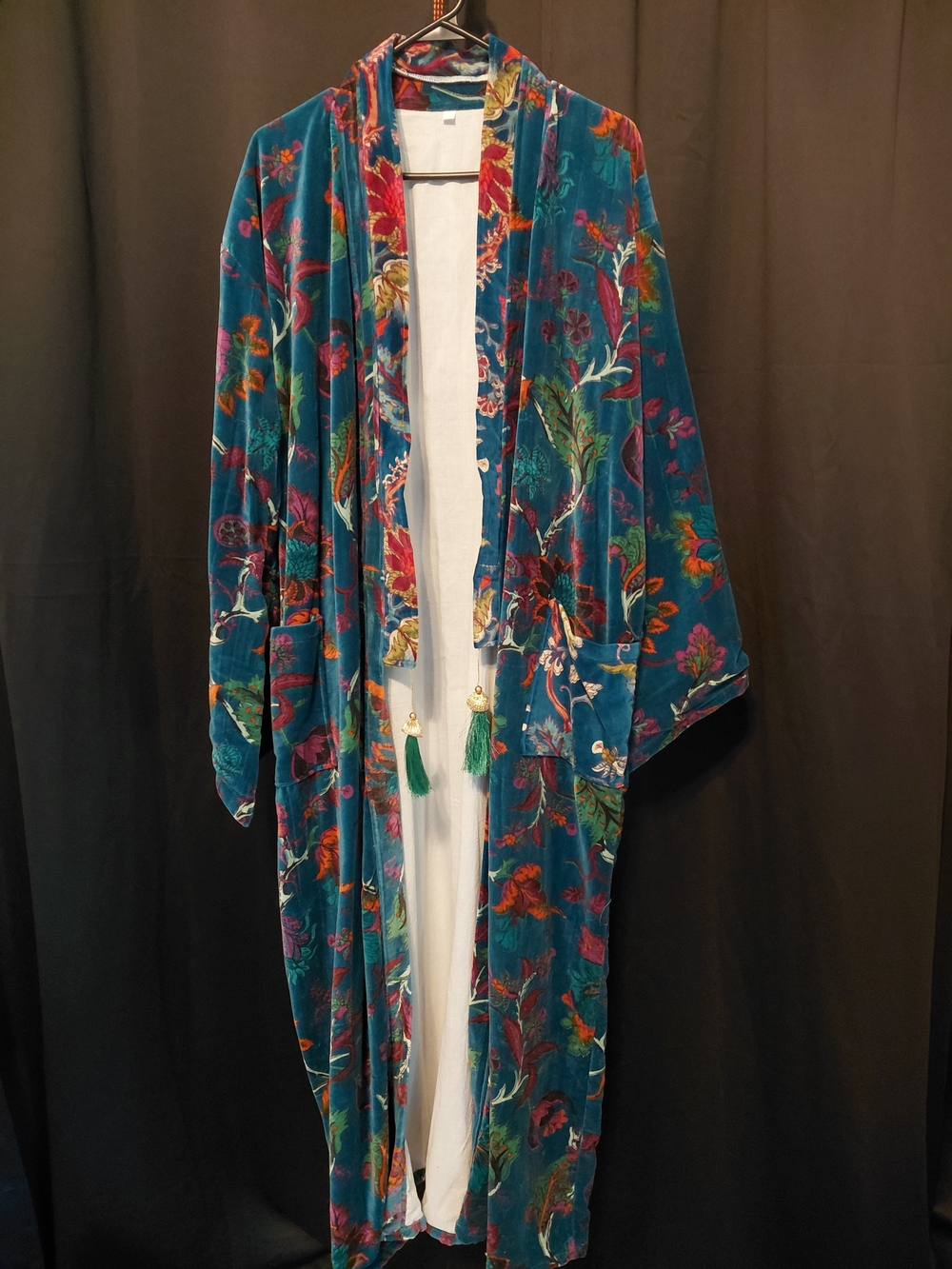 Teal Floral Velvet Kimono Duster with Tassels